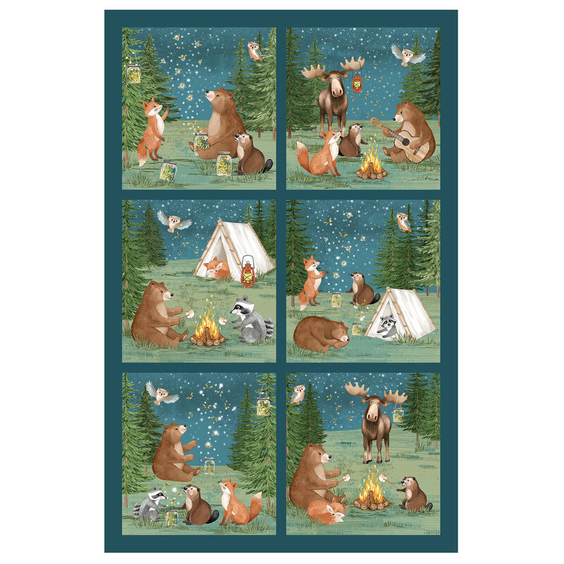 A fabric panel depicting six scenes of a bear, beaver, fox, raccoon, otter, owl,and moose doing various outdoor activities in the nighttime.