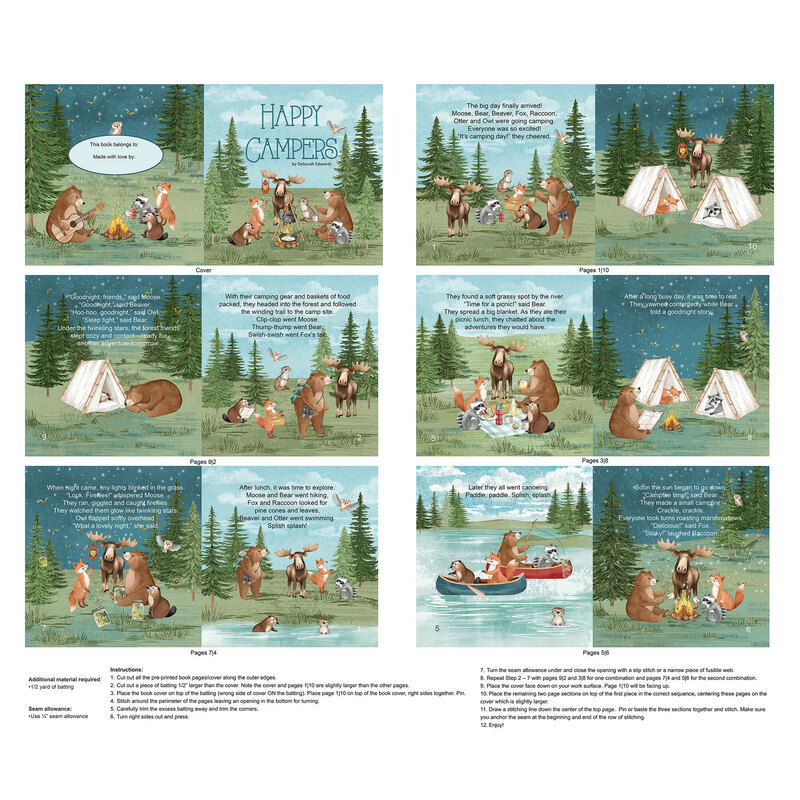 A fabric panel depicting 12 scenes of a book with a moose, bear, beaver, fox, raccoon, otter, and owl on a camping trip with instructions on how to make the book.