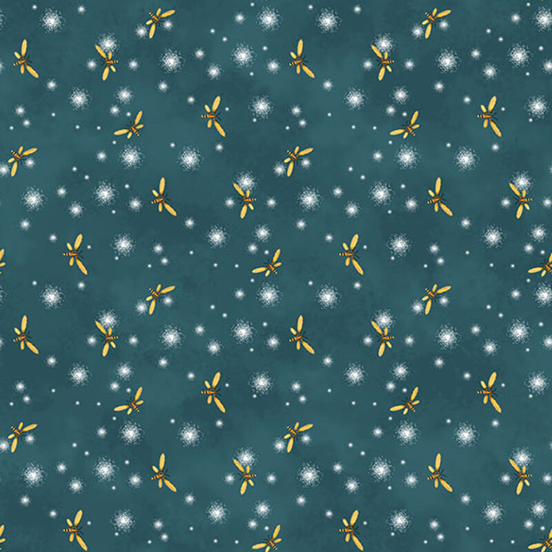 Dark teal blue fabric with fireflies and stars.