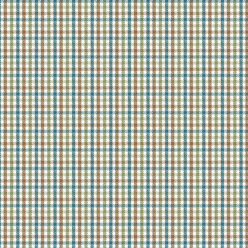 Fabric with a green, brown, and teal plaid print.
