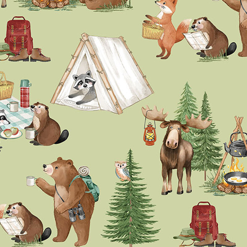 A lemongrass fabric featuring a bear, beaver, moose, raccoon, and owl camping.