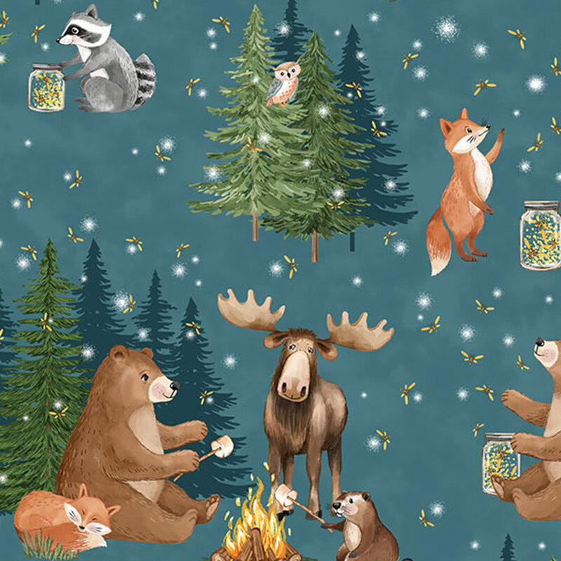 Dark teal blue fabric featuring a bear, beaver, moose, raccoon, and owl doing nighttime camping activities.