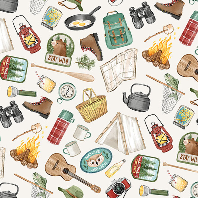 A white fabric with various camping supplies in a tossed pattern.