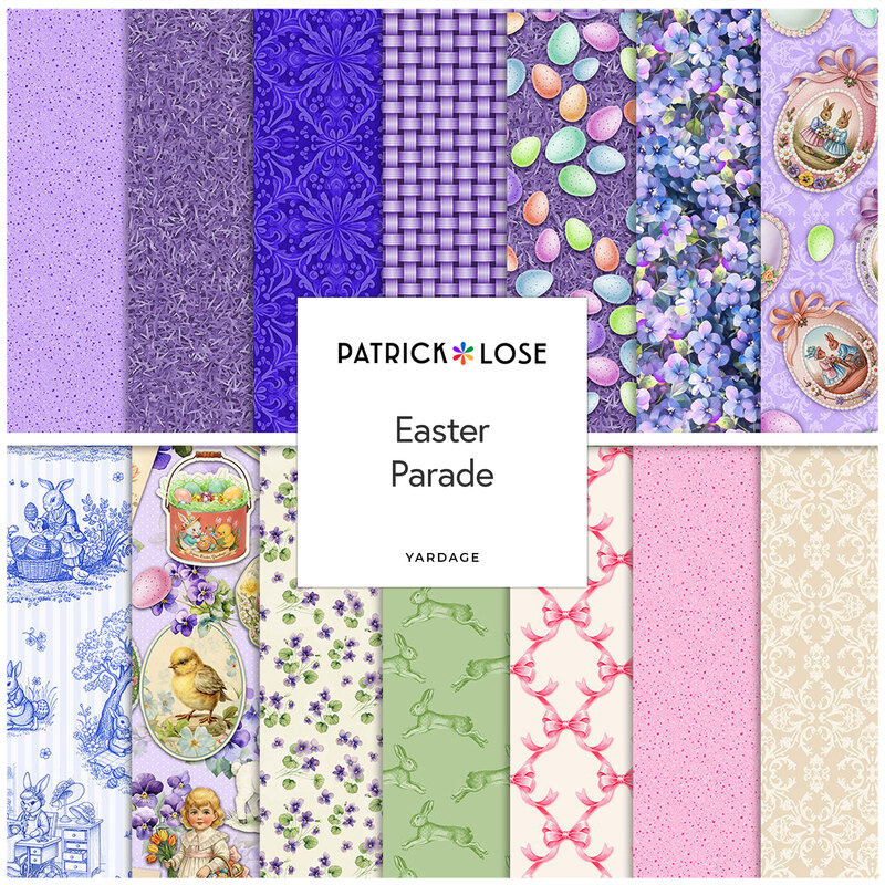 A collage of easter-themed fabrics featured in the Easter Parade collection by Patrick Lose