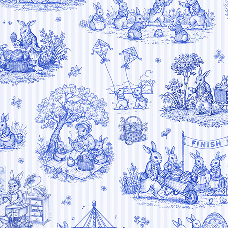 a white and ink blue-striped fabric with etched scens of bunnies celebrating Easter.