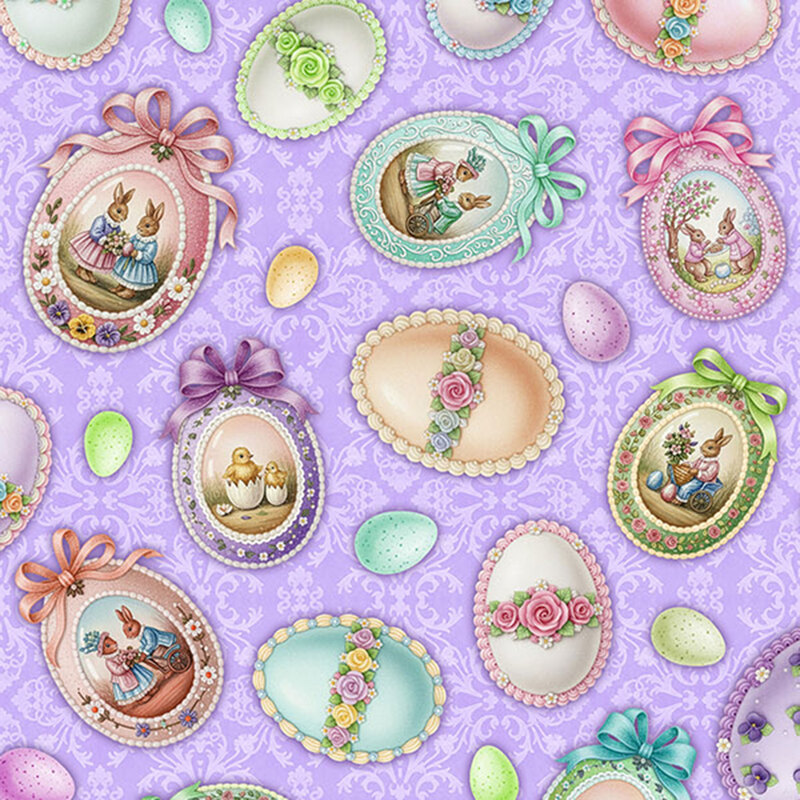 A lavender and white damask fabric tossed with decorative eggs and ribbons.