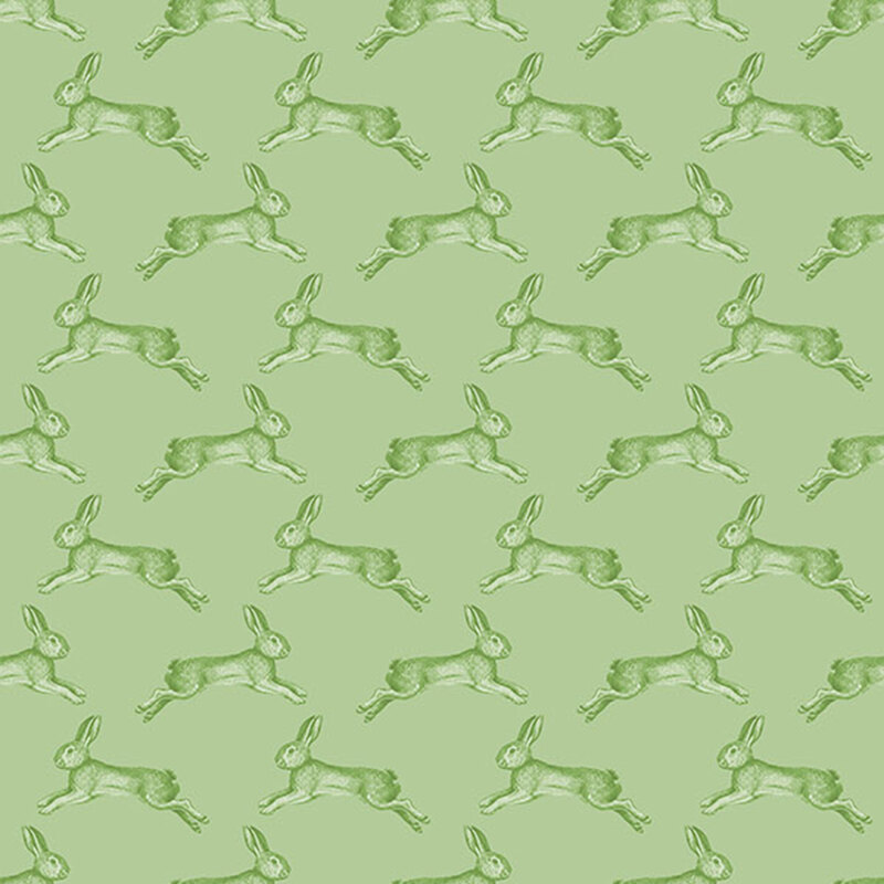 A pale olive green fabric with rabbits arranged in a half-drop pattern.