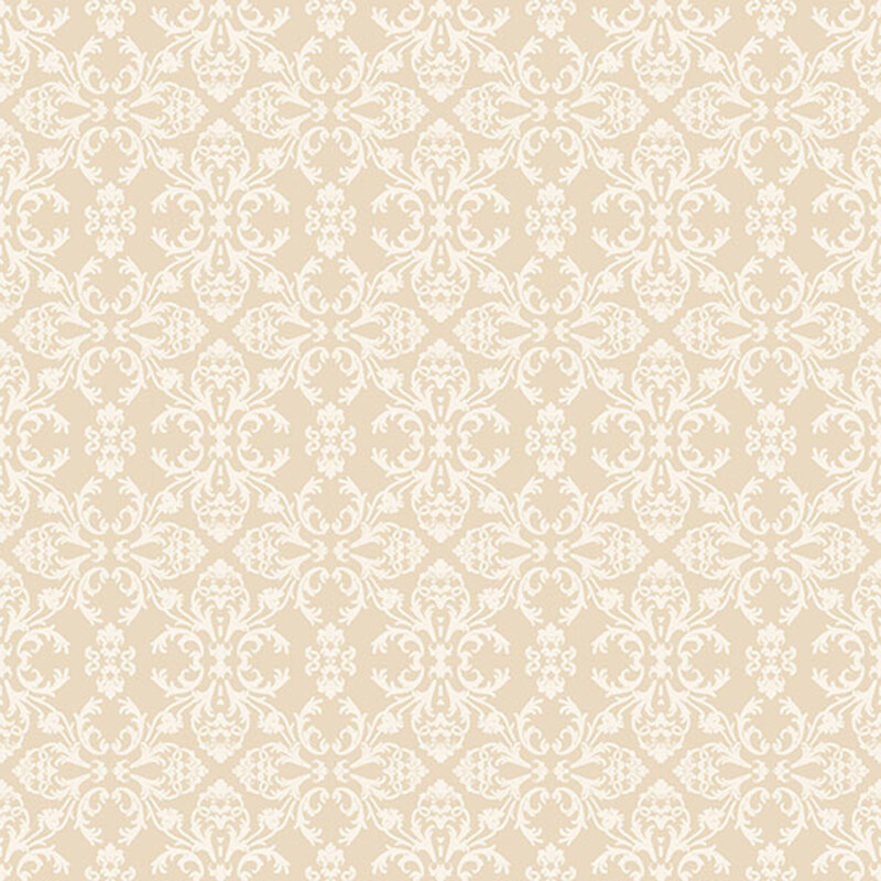 A cream fabric with a white damask pattern.