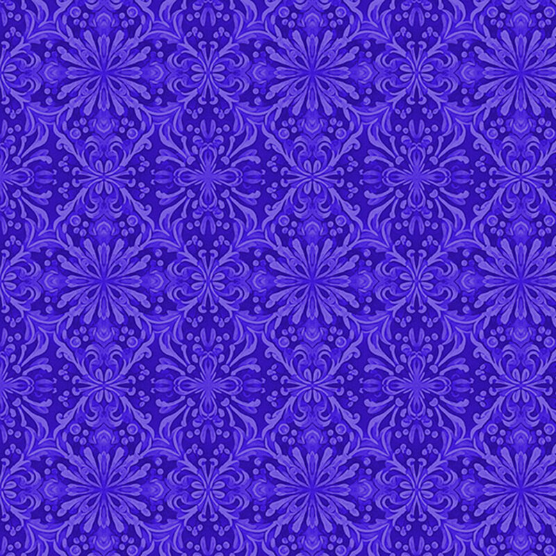 A blue-purple fabric featuring a damask fabric.