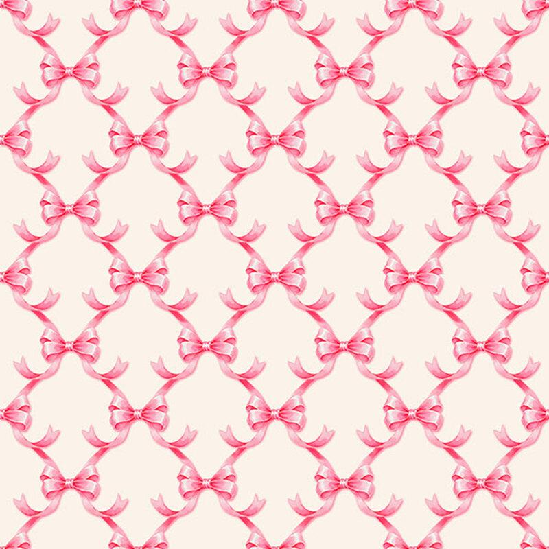 A cream fabric featuring a lattice of rosy ribbons.