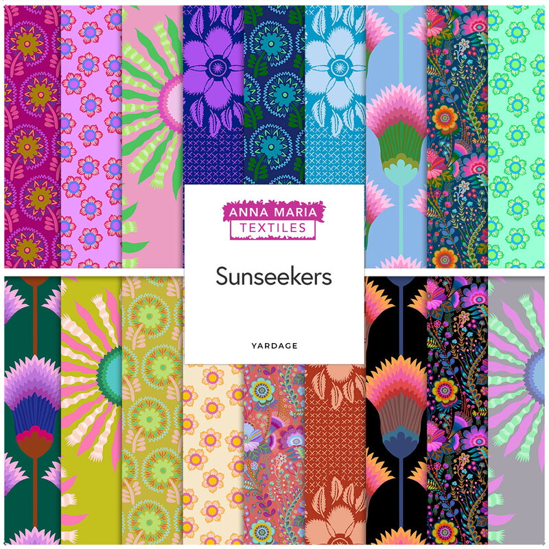 Collage of the available yardage from the Sunseekers fabric collection with modern stylized florals.