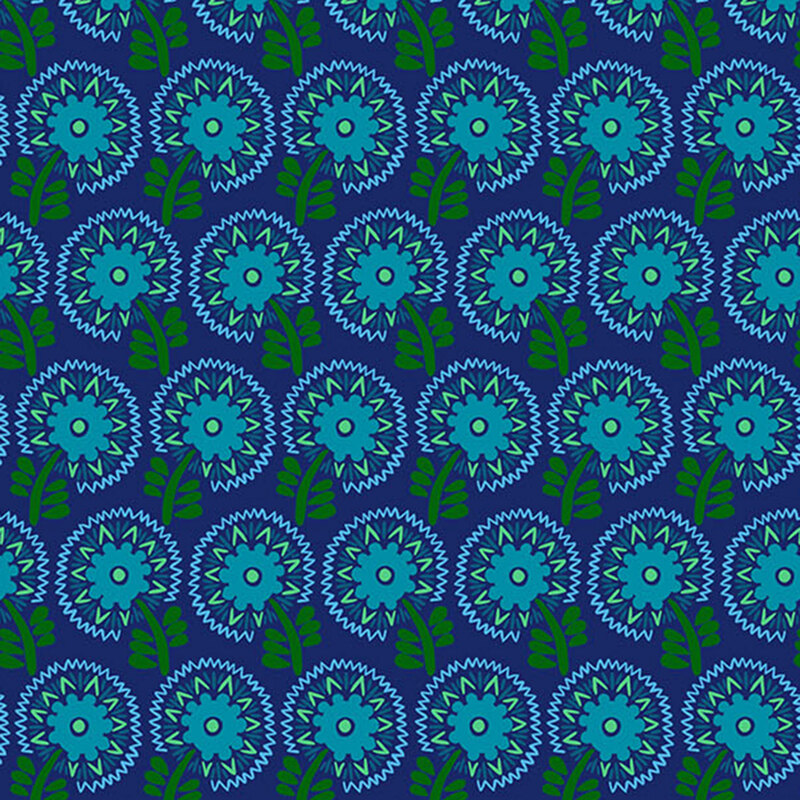 Dark royal blue fabric with beautifully crafted rows of mirrored blue, mint, and dark green florals.