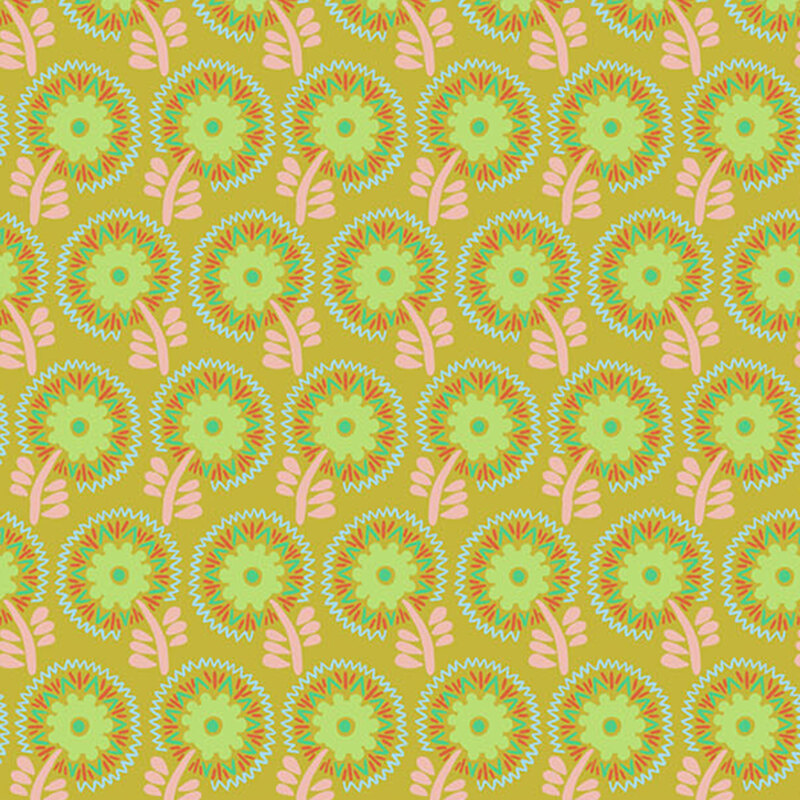 Lime green fabric with beautifully crafted rows of mirrored multicolored florals.