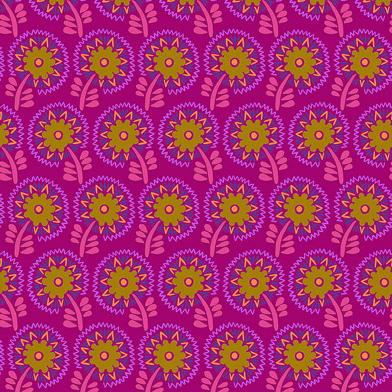 Dark magenta fabric with beautifully crafted rows of mirrored multicolored florals.