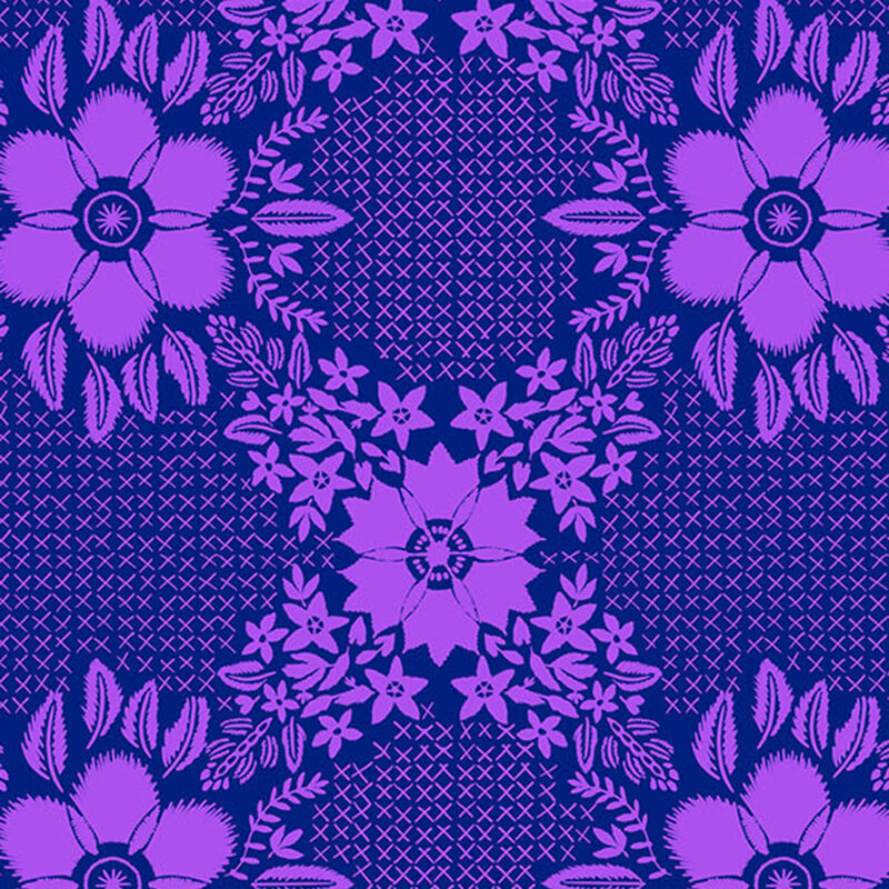 Grape purple fabric with violet embroidered crosses between blooming florals and leaves.
