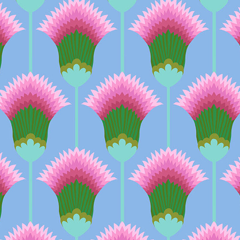 Cornflower blue fabric with lines of feathered, stylized green and pink-tone blooms.