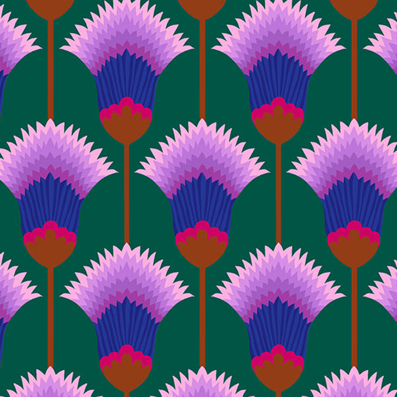 Forest green fabric with lines of feathered, stylized multicolor blooms.