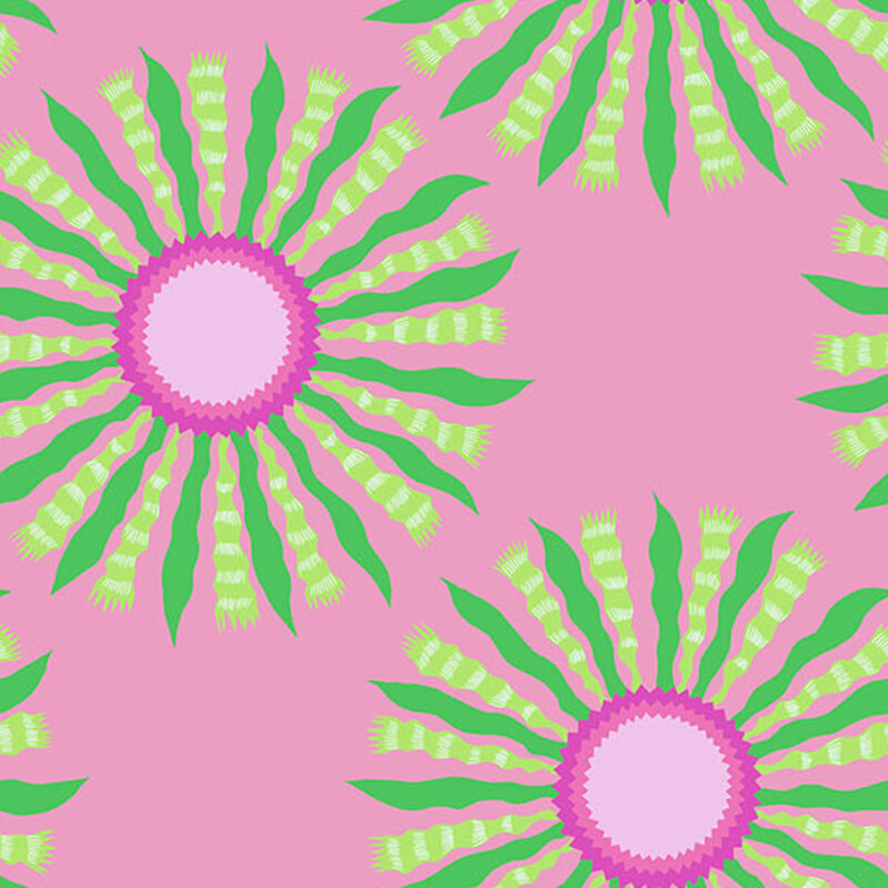 Bubblegum pink fabric with dynamic, stylized green and pink ribbon blooms.