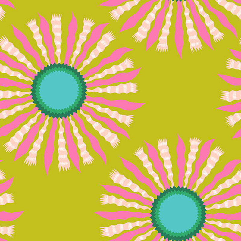 Light olive fabric with dynamic, stylized blue and pink ribbon blooms.