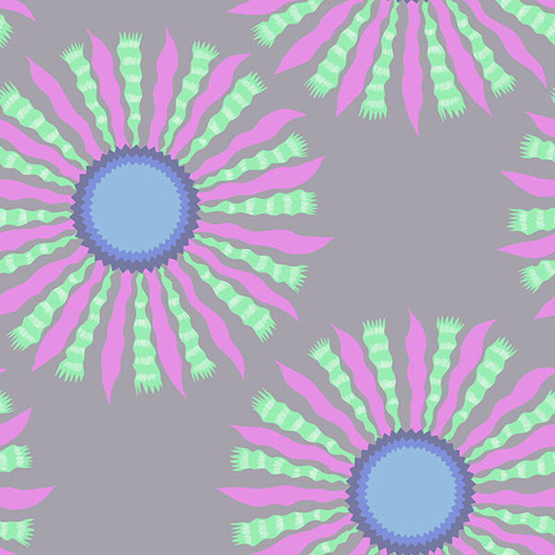 Silver fabric with dynamic, stylized multicolor ribbon blooms.