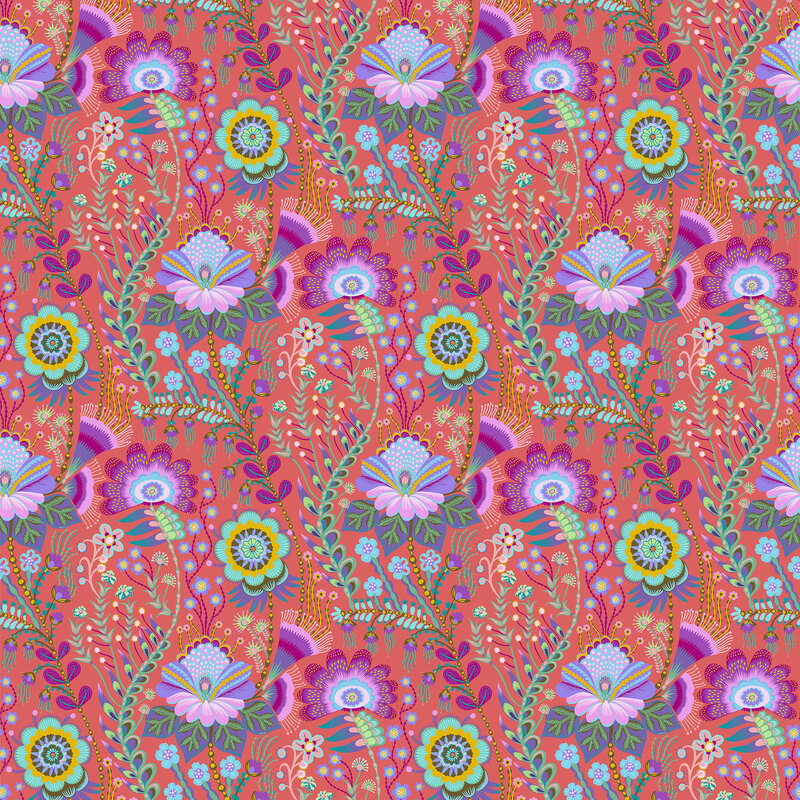 Salmon orange fabric with an intricate design of a large, multicolored floral medley and vines.