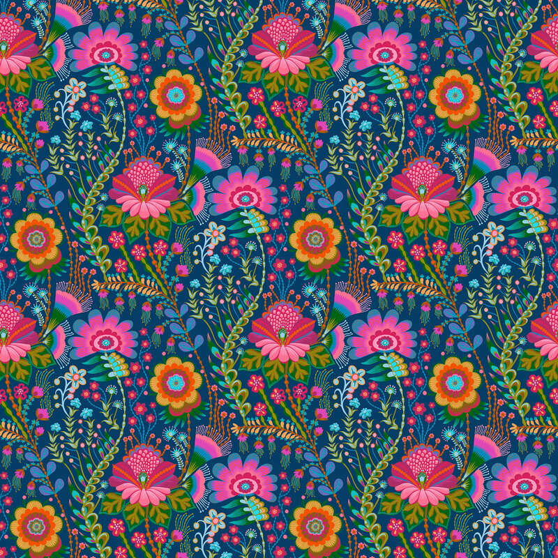 Prussian blue fabric with an intricate design of a large, multicolored floral medley and vines.