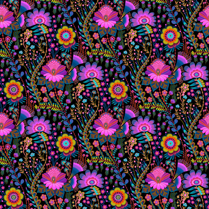 Onyx black fabric with an intricate design of a large, multicolored floral medley and vines.