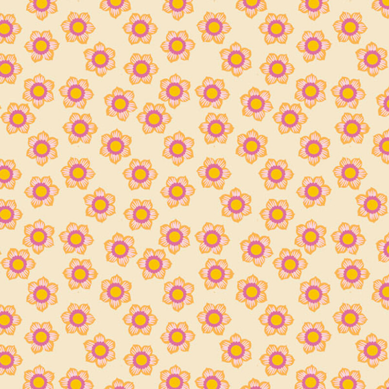 Cream fabric with small scattered orange, yellow, and purple florals.