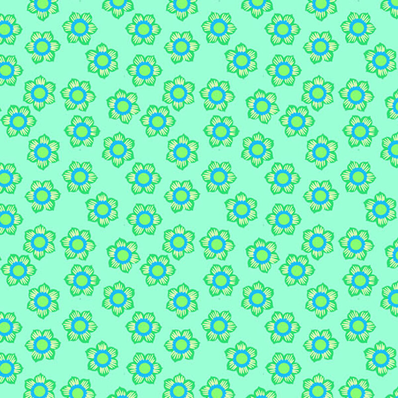 Aquamarine fabric with small scattered green, blue, and cream colored florals.