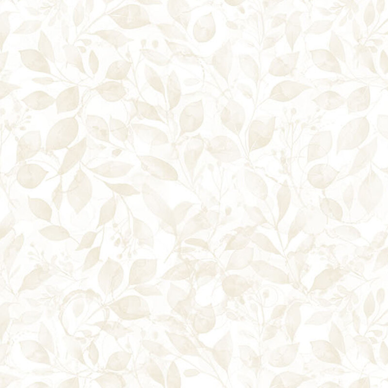 A white fabric featuring cream colored leaves and stems.