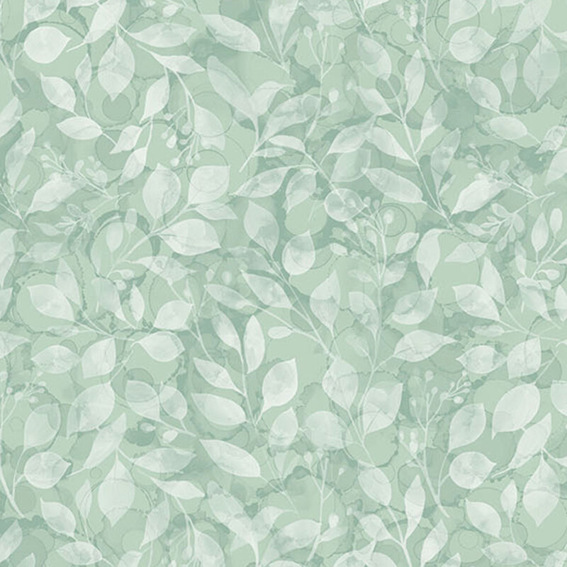 A mint green fabric featuring light pale green leaves.
