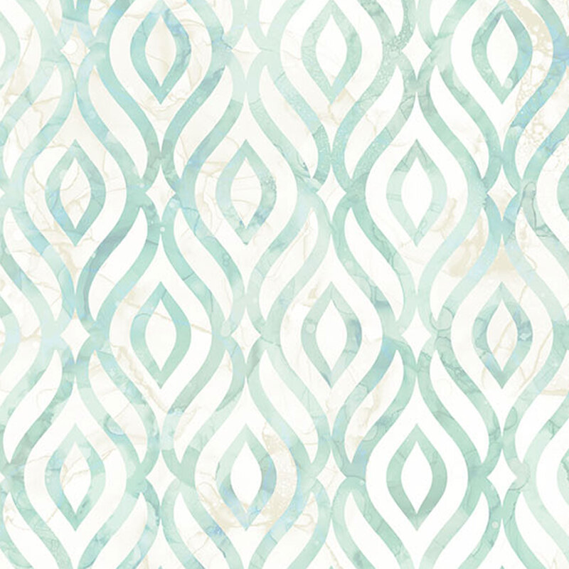 A white cream fabric featuring an icy teal ogee pattern.