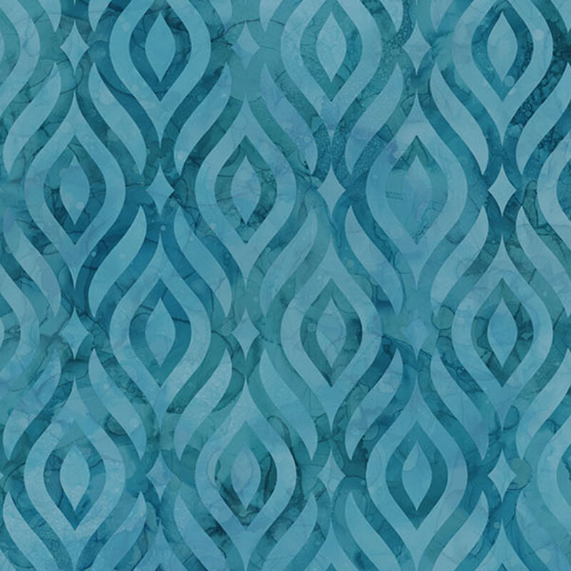 A teal fabric featuring a dark teal blue ogee pattern.
