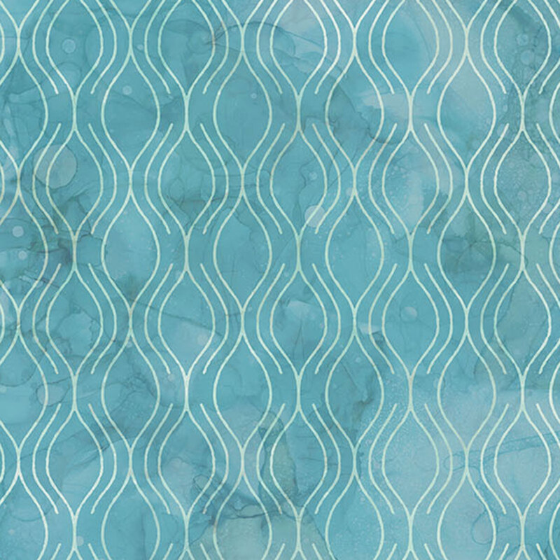 A medium teal fabric featuring an icy blue ogee pattern. 