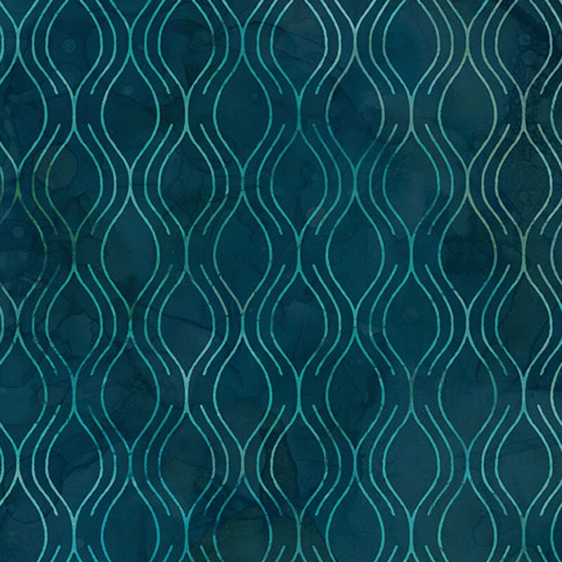 A dark teal blue fabric featuring a bright aqua ogee pattern. 