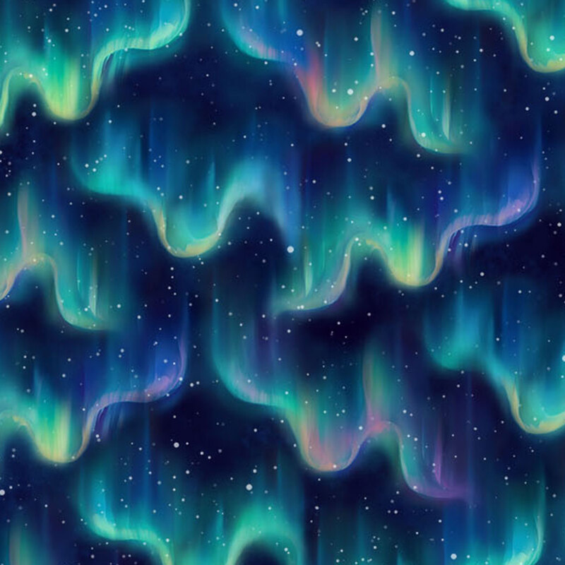 Starry night sky with multiple northern lights-inspired motifs.