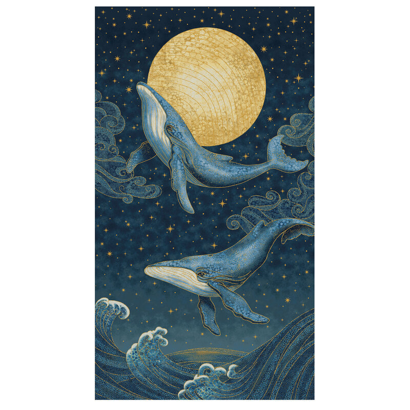 Starry night sky with golden stars, a large golden moon, and whales leaping out of raging waves.
