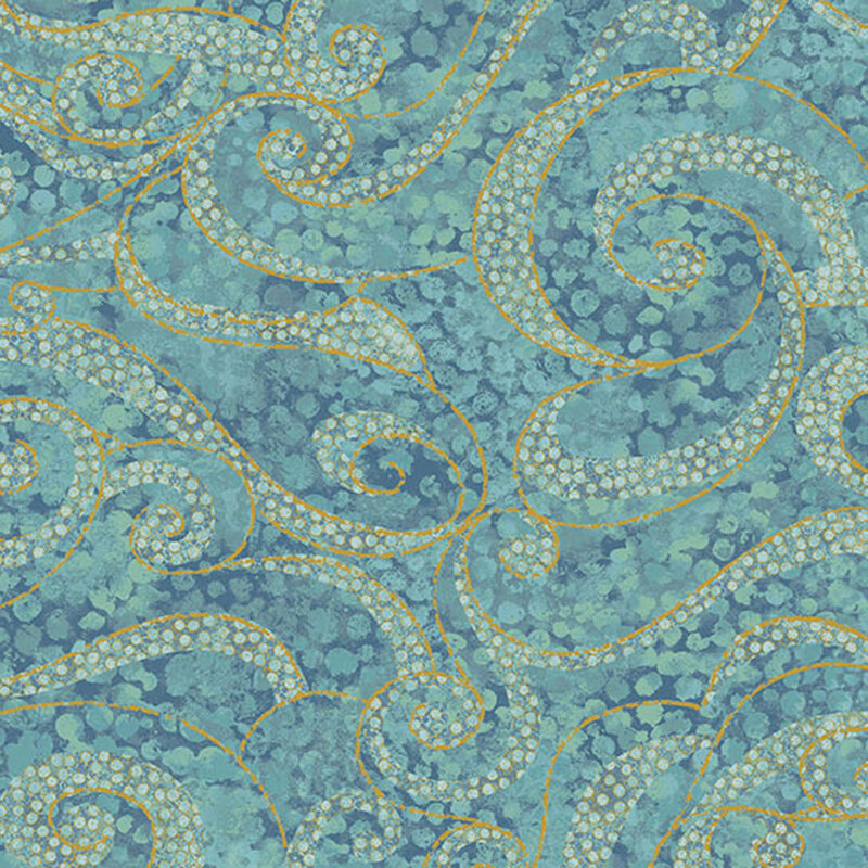 Aqua textured fabric with abstract dots and swirls with gold accents.