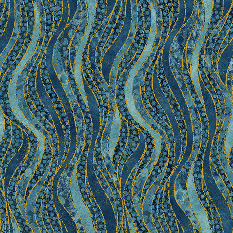 Aqua and lagoon blue fabric with vertical waves, abstract dots, and gold accents.