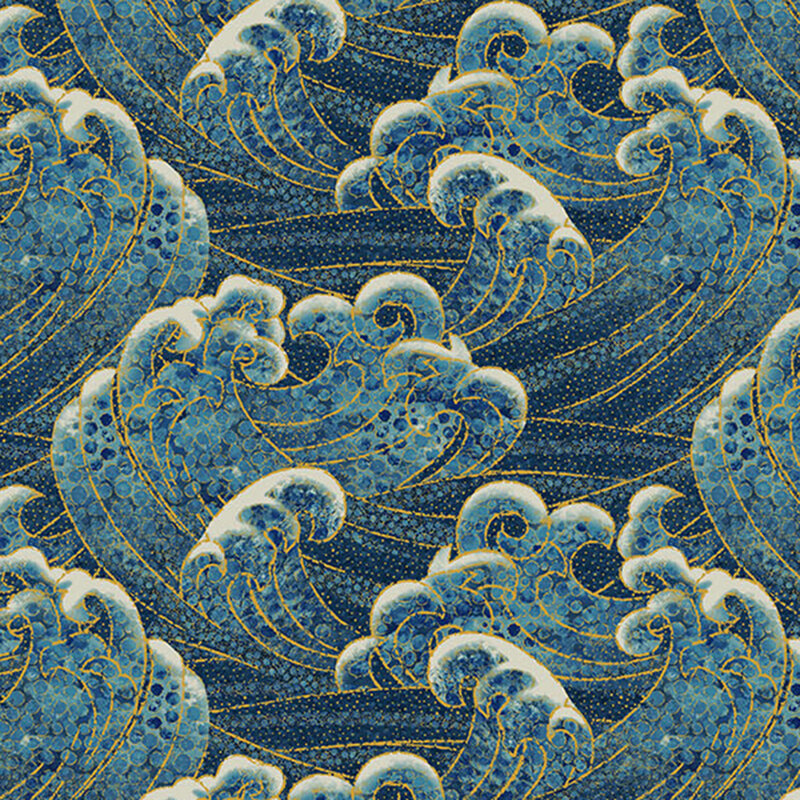 Lagoon blue fabric packed with raging waves, abstract tonal dots, and gold accents.
