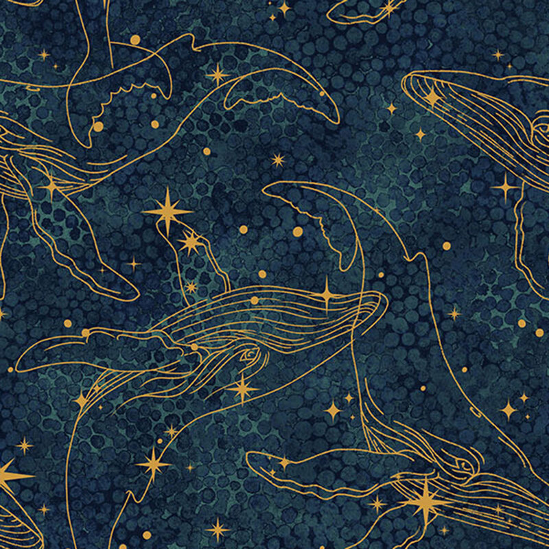 Lagoon blue fabric with abstract dots, tossed golden whales, gold dots, and stars.