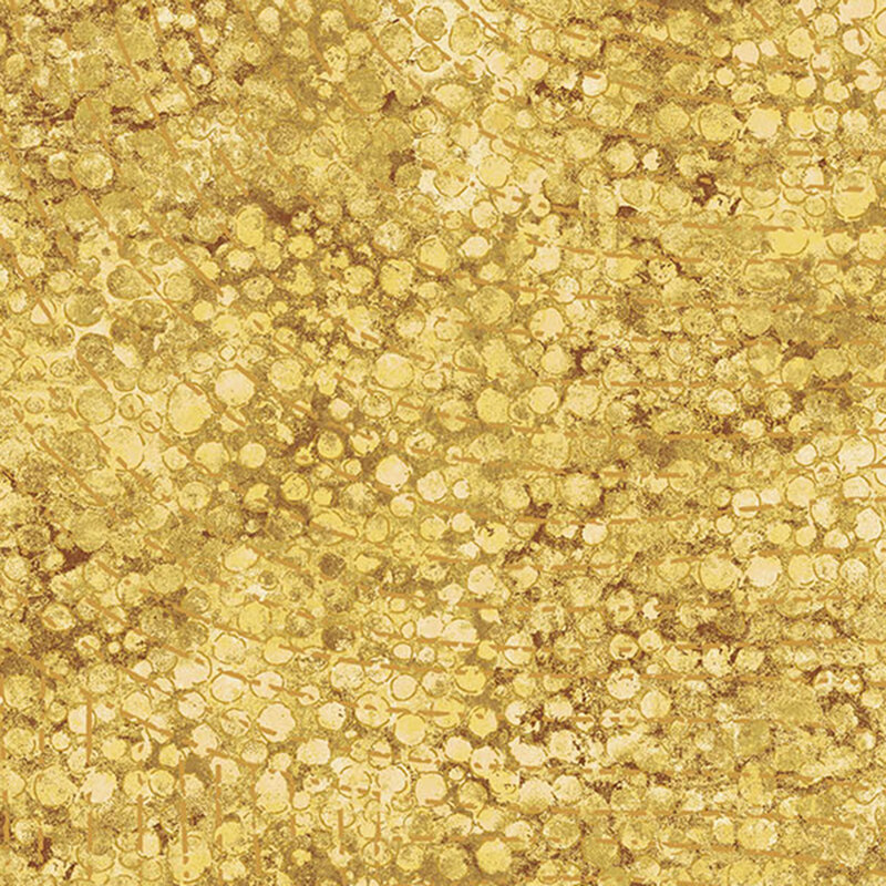 Yellow fabric layered with tonal abstract dots and wavy groups of golden lines.