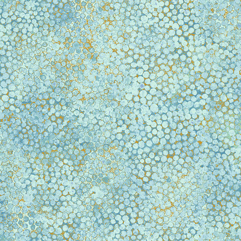 Dark gold and light teal textured fabric with abstract, packed aqua dots layered on top.