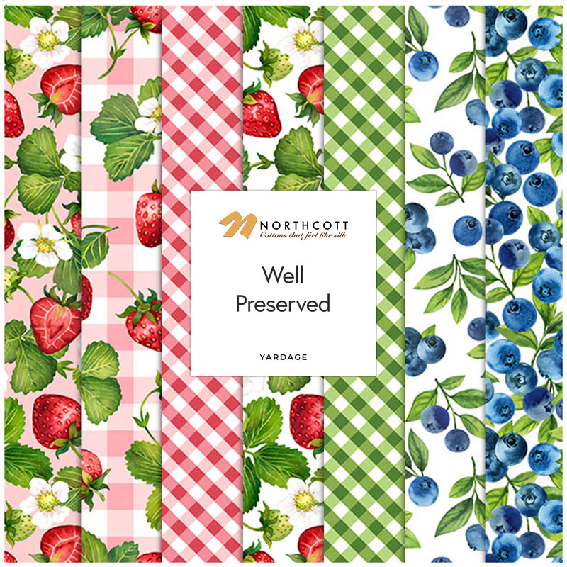 Yardage fabric collage of the Well Preserved collection with tossed and packed blueberries and strawberries in pink, white, and green fabrics.