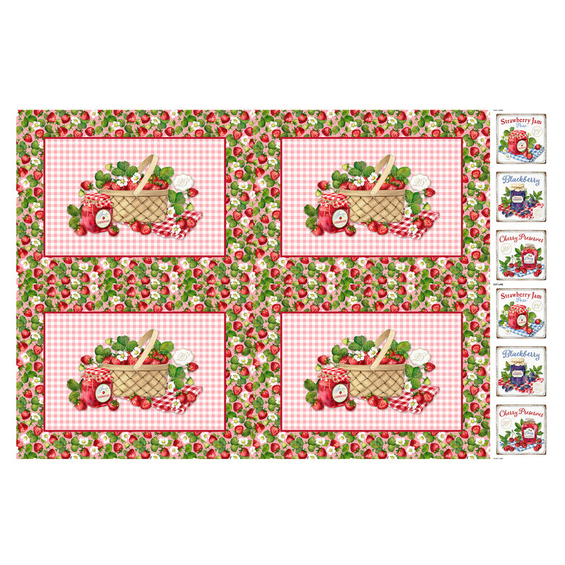 Panel with blocks of picnic baskets and red-pink ginghams on a strawberry-packed design and novelty blocks of berry jams.