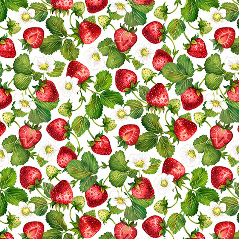 Cream fabric with a tossed pattern of strawberry bunches and small florals.