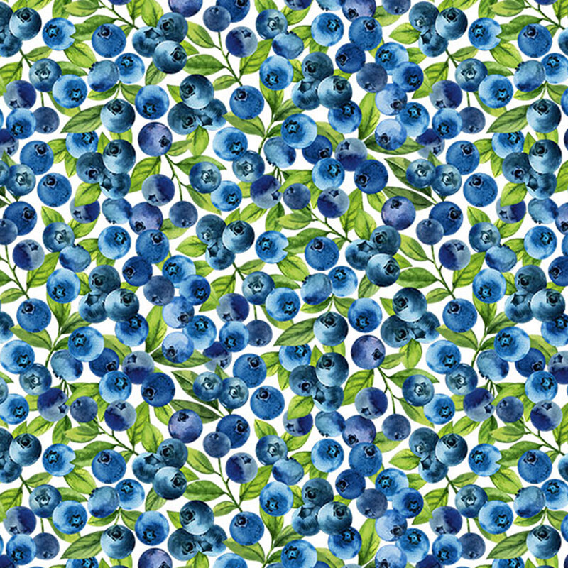 Cream fabric with a tightly packed design of blueberries and leaves.