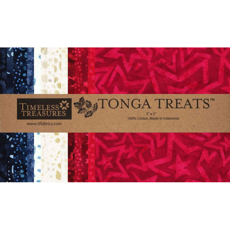 Fabric bundle with red, blue, and cream patterns, labeled Tonga Treats by Timeless Treasures.