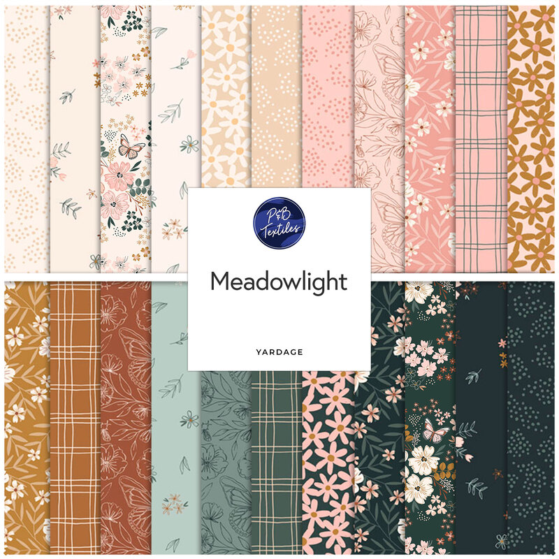 A collection of patterned fabric swatches featuring floral and geometric designs in soft colors.