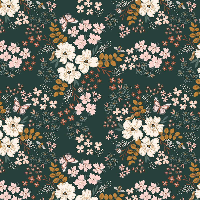Dark teal fabric with a dense spring-themed pattern of stylized florals, butterflies, caterpillars, and bees.